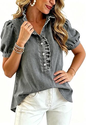 Womens Denim Shirt Summer Puff Sleeve Ruffle Denim Tops Button Down Jean Shirts Loose Dressy Casual Summer Tunic Top in Kuwait