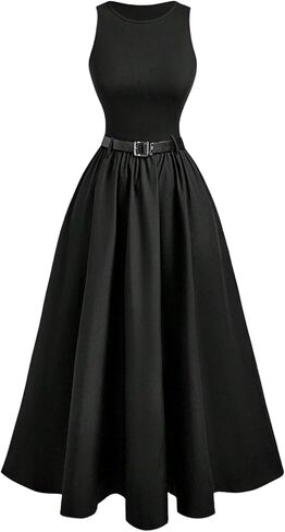OYOANGLE Girl's Cute Crew Neck Ruffle Belted Dress Flared Sleeveless A Line Long Dress in Kuwait