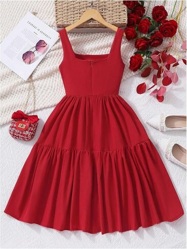 OYOANGLE Girl's Sleeveless Ruffle Princess Dress Cute Bow Square Neck A Line Flowy Dress in Kuwait
