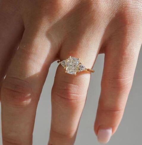 Three Stone Engagement Ring,3CT Elongated Cushion Cut Diamond with Side Trillion,14K Gold Plated,Wedding Ring For Women,Gifted For Her,Size 3-12. in Saudi Arabia