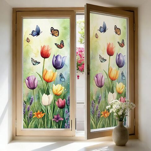 2 Pcs Window Privacy Film,Colorful Floral Window Stickers，Electrostatic adsorption with no Residue Suitable for School classrooms Home Offices Party Decorations Glass Stickers 17.7 * 39.4inch in Saudi Arabia