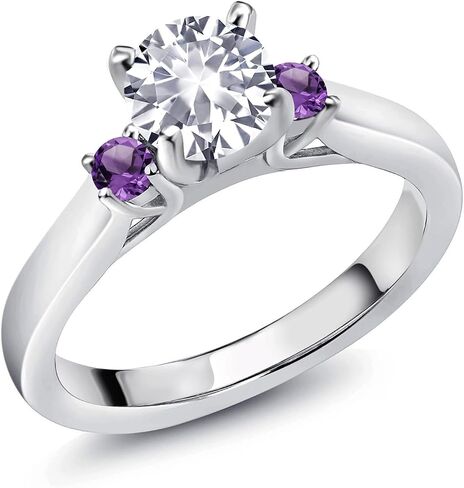 خاتم خطوبة من Gem Stone King 1.12 قيراط أبيض من الياقوت والأرجواني والجمشت 3 أحجار للنساء | 925 فضة استرلينية | جولة 6 ملم | جوهرة الميلاد الأحجار الكريمة | متوفر بمقاسات 5، 6، 7، 8، 9 in Kuwait