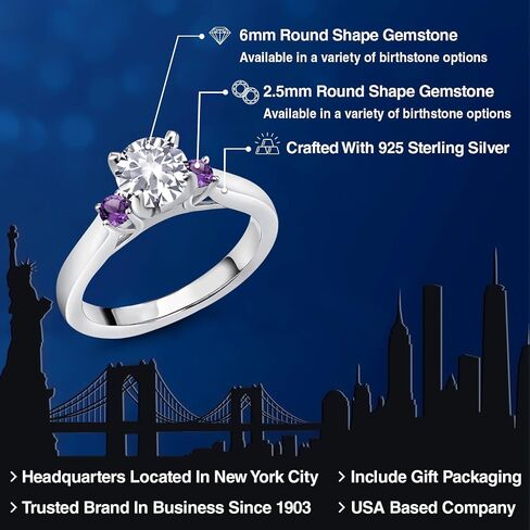 خاتم خطوبة من Gem Stone King 1.12 قيراط أبيض من الياقوت والأرجواني والجمشت 3 أحجار للنساء | 925 فضة استرلينية | جولة 6 ملم | جوهرة الميلاد الأحجار الكريمة | متوفر بمقاسات 5، 6، 7، 8، 9 in Kuwait