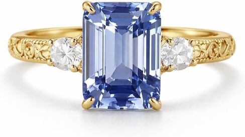 Engraved Emerald Cut Cornflower Sapphire Engagement Ring Vintage Gold Wedding Ring Art Deco Promise Women Jewelry Fourth of July Gift Ring in Kuwait