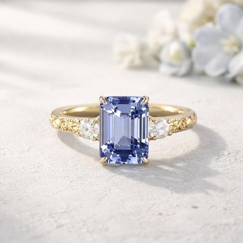 Engraved Emerald Cut Cornflower Sapphire Engagement Ring Vintage Gold Wedding Ring Art Deco Promise Women Jewelry Fourth of July Gift Ring in Kuwait