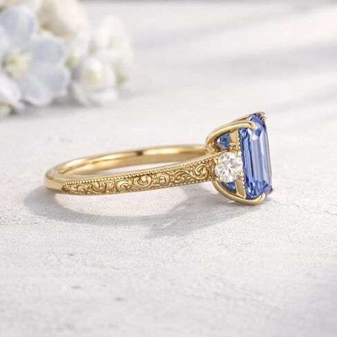 Engraved Emerald Cut Cornflower Sapphire Engagement Ring Vintage Gold Wedding Ring Art Deco Promise Women Jewelry Fourth of July Gift Ring in Kuwait