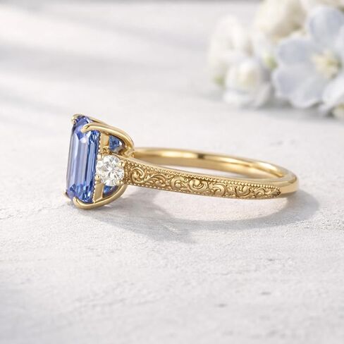 Engraved Emerald Cut Cornflower Sapphire Engagement Ring Vintage Gold Wedding Ring Art Deco Promise Women Jewelry Fourth of July Gift Ring in Kuwait