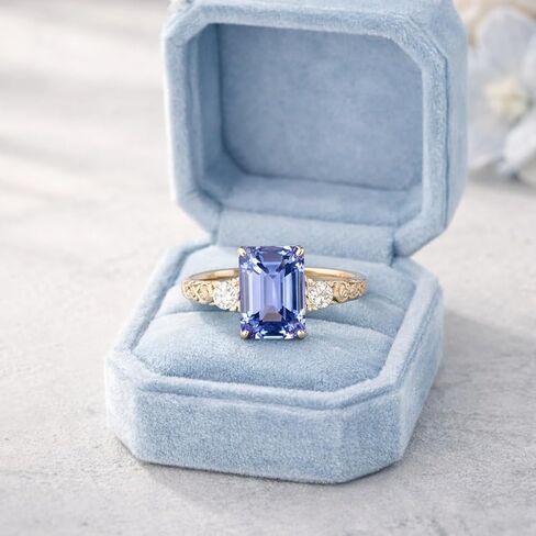 Engraved Emerald Cut Cornflower Sapphire Engagement Ring Vintage Gold Wedding Ring Art Deco Promise Women Jewelry Fourth of July Gift Ring in Kuwait