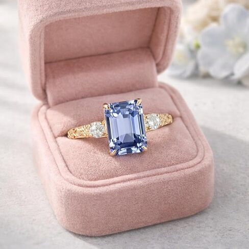 Engraved Emerald Cut Cornflower Sapphire Engagement Ring Vintage Gold Wedding Ring Art Deco Promise Women Jewelry Fourth of July Gift Ring in Kuwait