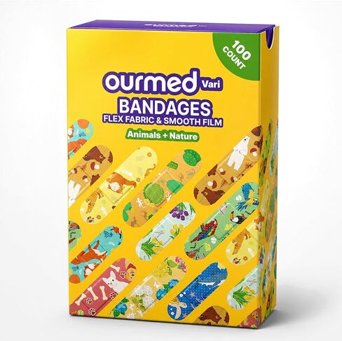 Ourmed Vari Kids Flexible Fabric & PE Bandages, 2 Themes Adhesive Bandages for Cuts and Scrapes, 10 Colorful Patterns First Aid Bandages for Children, Latex-Free, 100 Count in Saudi Arabia