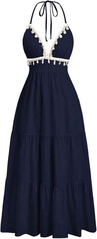 OYOANGLE Women's Boho Halter Dresses Ruffle A Line Maxi Summer Dresses Shell Decor Cami Long Dresses Flowy Beach Dress in Saudi Arabia