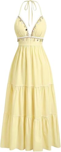 OYOANGLE Women's Boho Halter Dresses Ruffle A Line Maxi Summer Dresses Shell Decor Cami Long Dresses Flowy Beach Dress in Kuwait