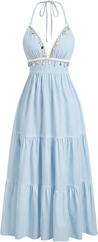 OYOANGLE Women's Boho Halter Dresses Ruffle A Line Maxi Summer Dresses Shell Decor Cami Long Dresses Flowy Beach Dress in Kuwait