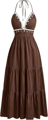 OYOANGLE Women's Boho Halter Dresses Ruffle A Line Maxi Summer Dresses Shell Decor Cami Long Dresses Flowy Beach Dress in Kuwait