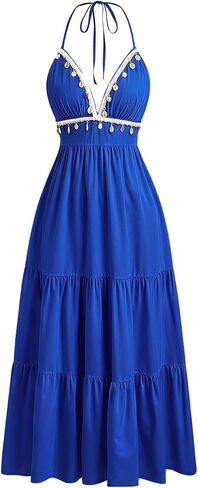 OYOANGLE Women's Boho Halter Dresses Ruffle A Line Maxi Summer Dresses Shell Decor Cami Long Dresses Flowy Beach Dress in Kuwait