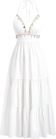 OYOANGLE Women's Boho Halter Dresses Ruffle A Line Maxi Summer Dresses Shell Decor Cami Long Dresses Flowy Beach Dress in Kuwait