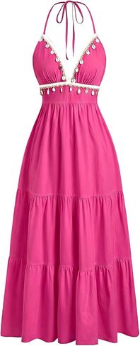 OYOANGLE Women's Boho Halter Dresses Ruffle A Line Maxi Summer Dresses Shell Decor Cami Long Dresses Flowy Beach Dress in Kuwait