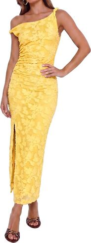 Women's Floral One Shoulder Wedding Guest Midi Dress Ruched Bodycon Sexy Long Cocktail Party Dresses in Saudi Arabia