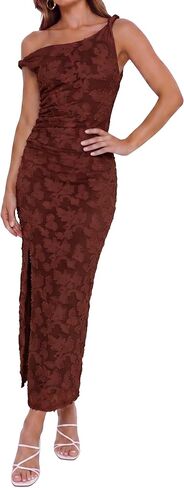 Women's Floral One Shoulder Wedding Guest Midi Dress Ruched Bodycon Sexy Long Cocktail Party Dresses in Saudi Arabia