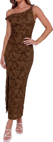 Women's Floral One Shoulder Wedding Guest Midi Dress Ruched Bodycon Sexy Long Cocktail Party Dresses in Saudi Arabia