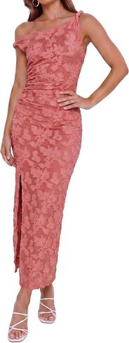 Women's Floral One Shoulder Wedding Guest Midi Dress Ruched Bodycon Sexy Long Cocktail Party Dresses in Saudi Arabia