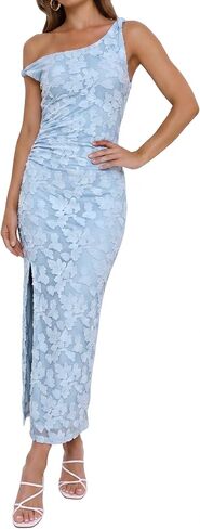 Women's Floral One Shoulder Wedding Guest Midi Dress Ruched Bodycon Sexy Long Cocktail Party Dresses in Saudi Arabia