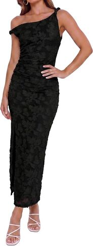 Women's Floral One Shoulder Wedding Guest Midi Dress Ruched Bodycon Sexy Long Cocktail Party Dresses in Saudi Arabia