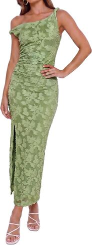 Women's Floral One Shoulder Wedding Guest Midi Dress Ruched Bodycon Sexy Long Cocktail Party Dresses in Saudi Arabia