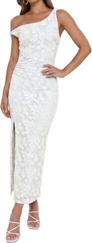 Women's Floral One Shoulder Wedding Guest Midi Dress Ruched Bodycon Sexy Long Cocktail Party Dresses in Saudi Arabia
