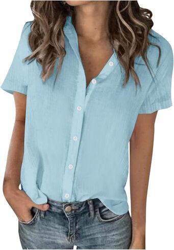 Linen Shirts for Women, Short Sleeve Button Up Collared Shirt Dressy Casual Blouses, Comfy and Breathable Work Tops in Kuwait