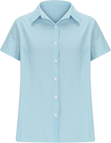Linen Shirts for Women, Short Sleeve Button Up Collared Shirt Dressy Casual Blouses, Comfy and Breathable Work Tops in Kuwait