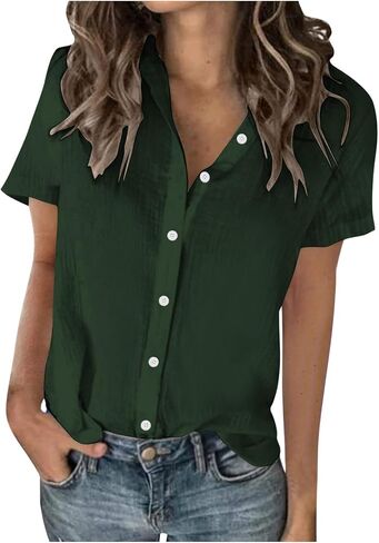 Linen Shirts for Women, Short Sleeve Button Up Collared Shirt Dressy Casual Blouses, Comfy and Breathable Work Tops in Saudi Arabia