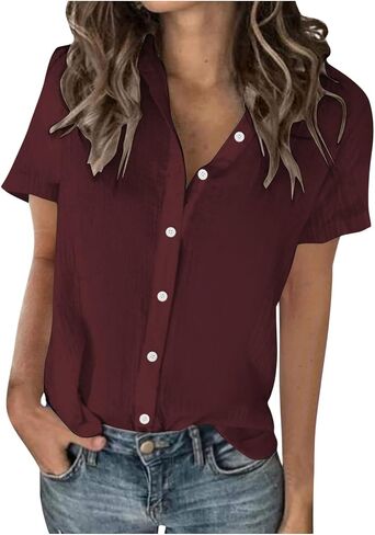 Linen Shirts for Women, Short Sleeve Button Up Collared Shirt Dressy Casual Blouses, Comfy and Breathable Work Tops in Kuwait