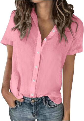 Linen Shirts for Women, Short Sleeve Button Up Collared Shirt Dressy Casual Blouses, Comfy and Breathable Work Tops in Kuwait