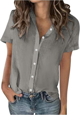 Linen Shirts for Women, Short Sleeve Button Up Collared Shirt Dressy Casual Blouses, Comfy and Breathable Work Tops in Kuwait