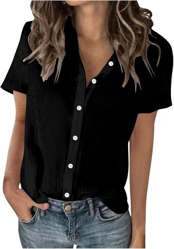 Linen Shirts for Women, Short Sleeve Button Up Collared Shirt Dressy Casual Blouses, Comfy and Breathable Work Tops in Kuwait