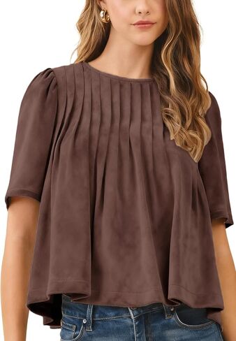 Lentta Womens Faux Suede Babydoll Tops Casual Crewneck Pleated Peplum Blouse Short Sleeve Flowy Pullover in Saudi Arabia