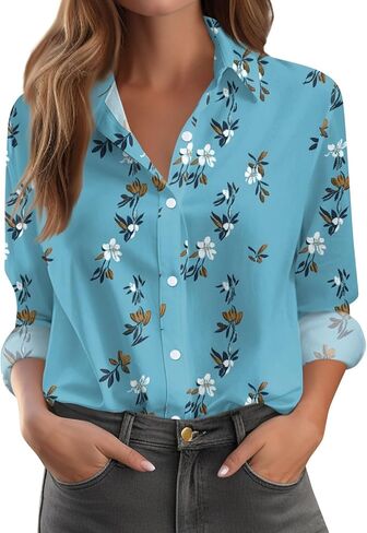 Button Down Shirts for Women Dressy Floral Printed Long Sleeve Blouse Business Casual Work Tops in Kuwait