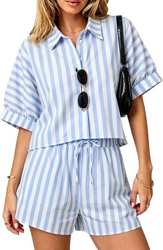 Womens 2 Piece Striped Set Short Sleeve Lapel Button Shirts Drawstring Waist Shorts Oversized Lounge Outfits in Saudi Arabia