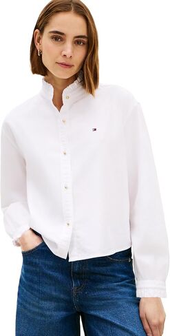 Tommy Hilfiger Women's Oxford Cropped Long Sleeve Button Down Shirt with Ruffle Detail in Kuwait