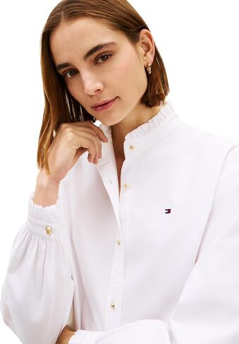 Tommy Hilfiger Women's Oxford Cropped Long Sleeve Button Down Shirt with Ruffle Detail in Kuwait