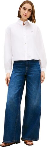 Tommy Hilfiger Women's Oxford Cropped Long Sleeve Button Down Shirt with Ruffle Detail in Kuwait