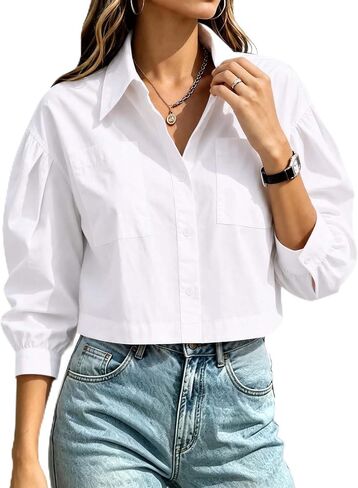 Remidoo Women's Cropped Button Down Shirt Puff Long Sleeve Crop Top Collared Blouse with Chest Pocket in Kuwait