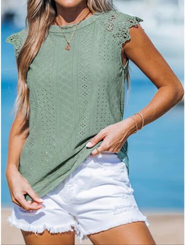 Womens Eyelet Blouse Lace Cap Sleeve Casual Summer Top with Back Tie in Kuwait