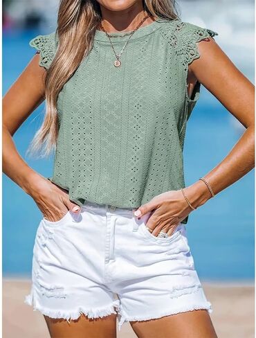 Womens Eyelet Blouse Lace Cap Sleeve Casual Summer Top with Back Tie in Kuwait