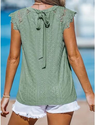 Womens Eyelet Blouse Lace Cap Sleeve Casual Summer Top with Back Tie in Kuwait