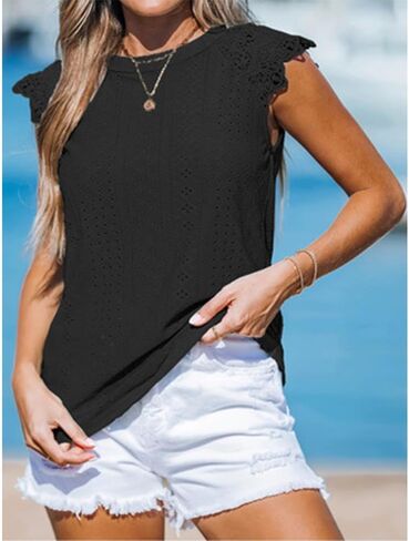 Womens Eyelet Blouse Lace Cap Sleeve Casual Summer Top with Back Tie in Kuwait