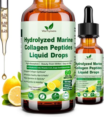 Marine Collagen Peptides Liquid Drops, Hydrolyzed Multi Type I & III Collagen w. Vitamin C E Grape Seed Extract for Joint, Skin, Hair & Nail, Liquid Collagen High Absorption for Women Men, Wild-Caught in Saudi Arabia