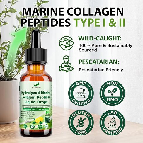 Marine Collagen Peptides Liquid Drops, Hydrolyzed Multi Type I & III Collagen w. Vitamin C E Grape Seed Extract for Joint, Skin, Hair & Nail, Liquid Collagen High Absorption for Women Men, Wild-Caught in Saudi Arabia