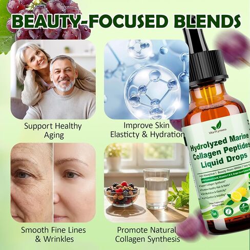 Marine Collagen Peptides Liquid Drops, Hydrolyzed Multi Type I & III Collagen w. Vitamin C E Grape Seed Extract for Joint, Skin, Hair & Nail, Liquid Collagen High Absorption for Women Men, Wild-Caught in Saudi Arabia
